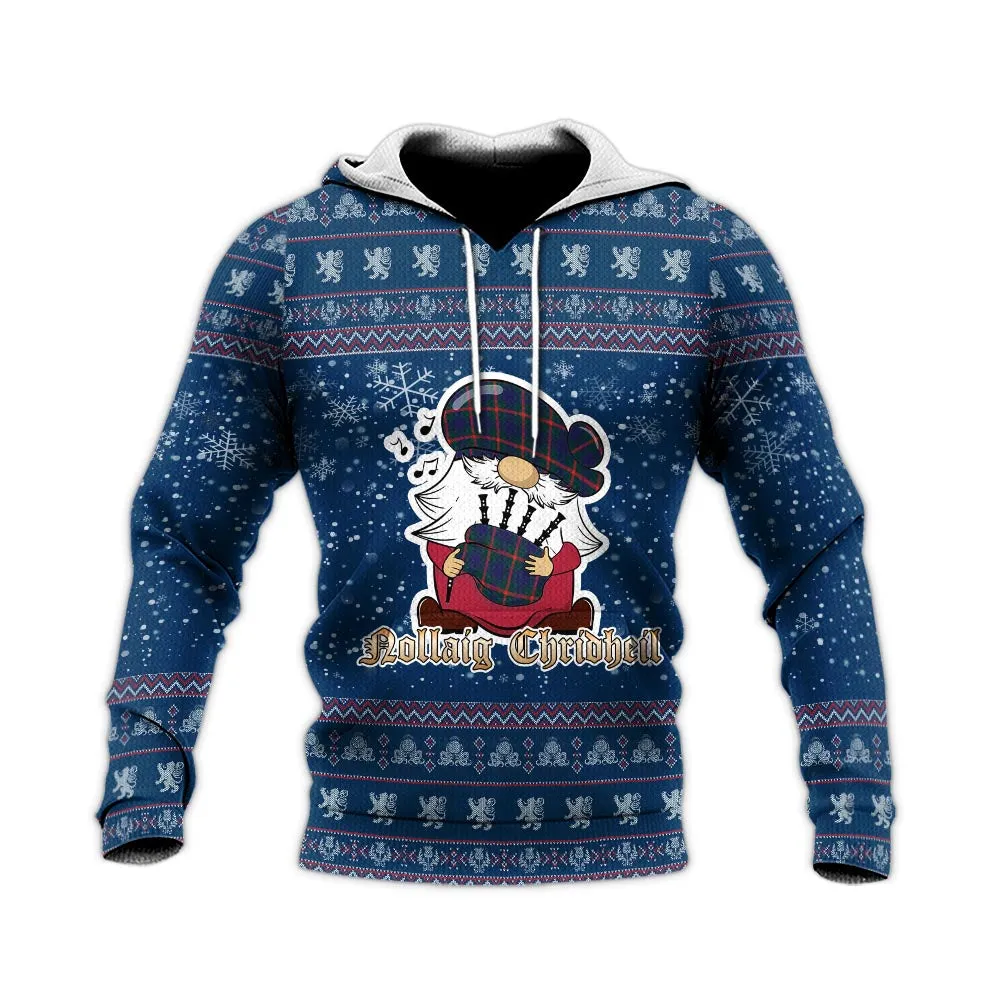 Agnew Clan Christmas Knitted Hoodie with Funny Gnome Playing Bagpipes