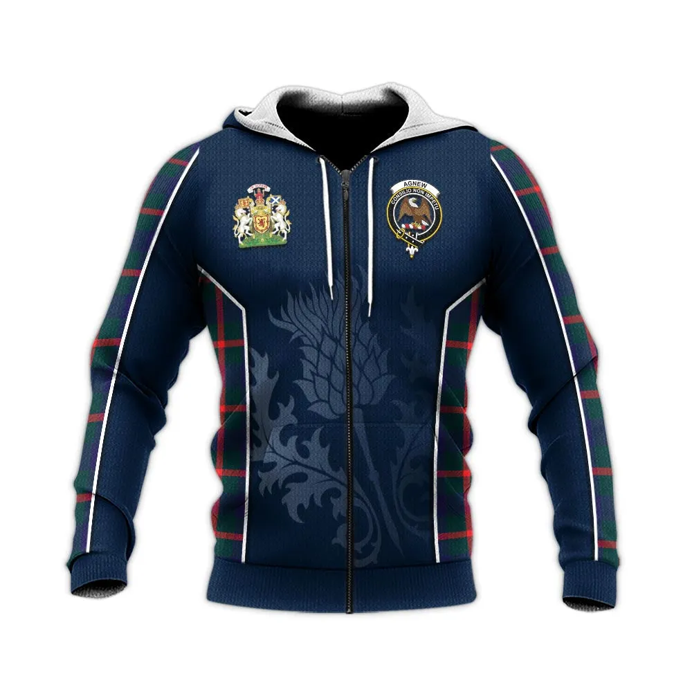 Agnew Tartan Knitted Hoodie with Family Crest and Scottish Thistle Vibes Sport Style