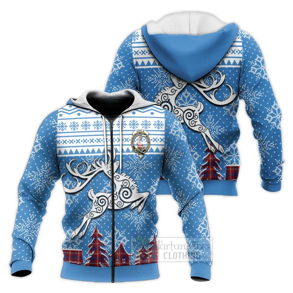 Ainslie Clan Christmas Knitted Hoodie Celtic Reindeer Style