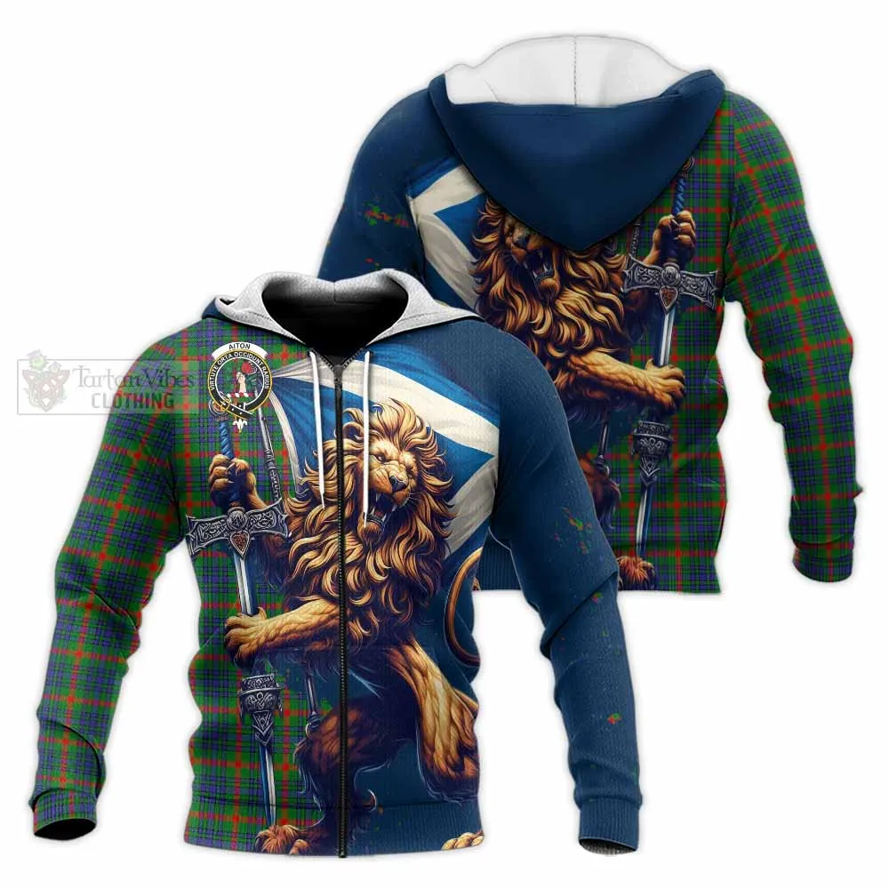 Aiton Tartan Family Crest Knitted Hoodie with Scottish Majestic Lion