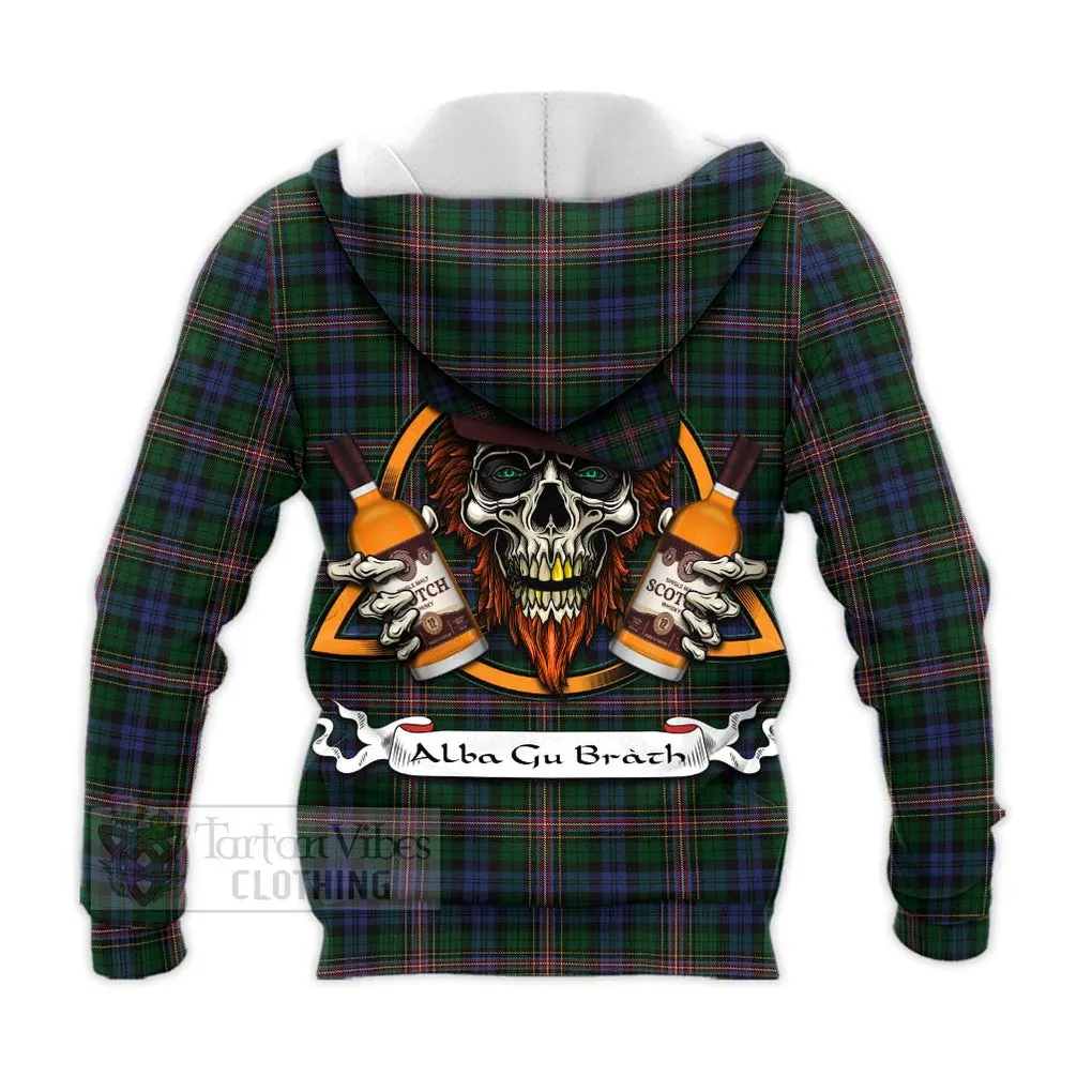 Allison Tartan Knitted Hoodie with Family Crest and Bearded Skull Holding Bottles of Whiskey