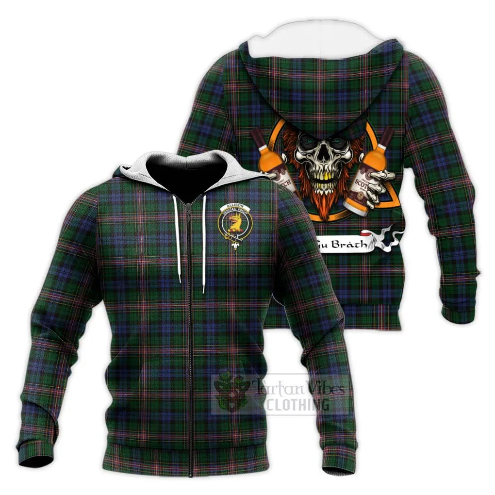 Allison Tartan Knitted Hoodie with Family Crest and Bearded Skull Holding Bottles of Whiskey