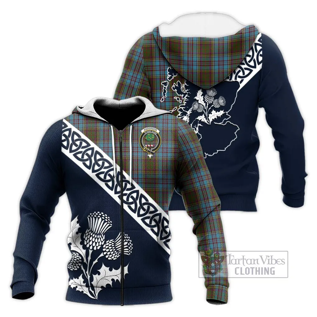 Anderson Tartan Knitted Hoodie Featuring Thistle and Scotland Map