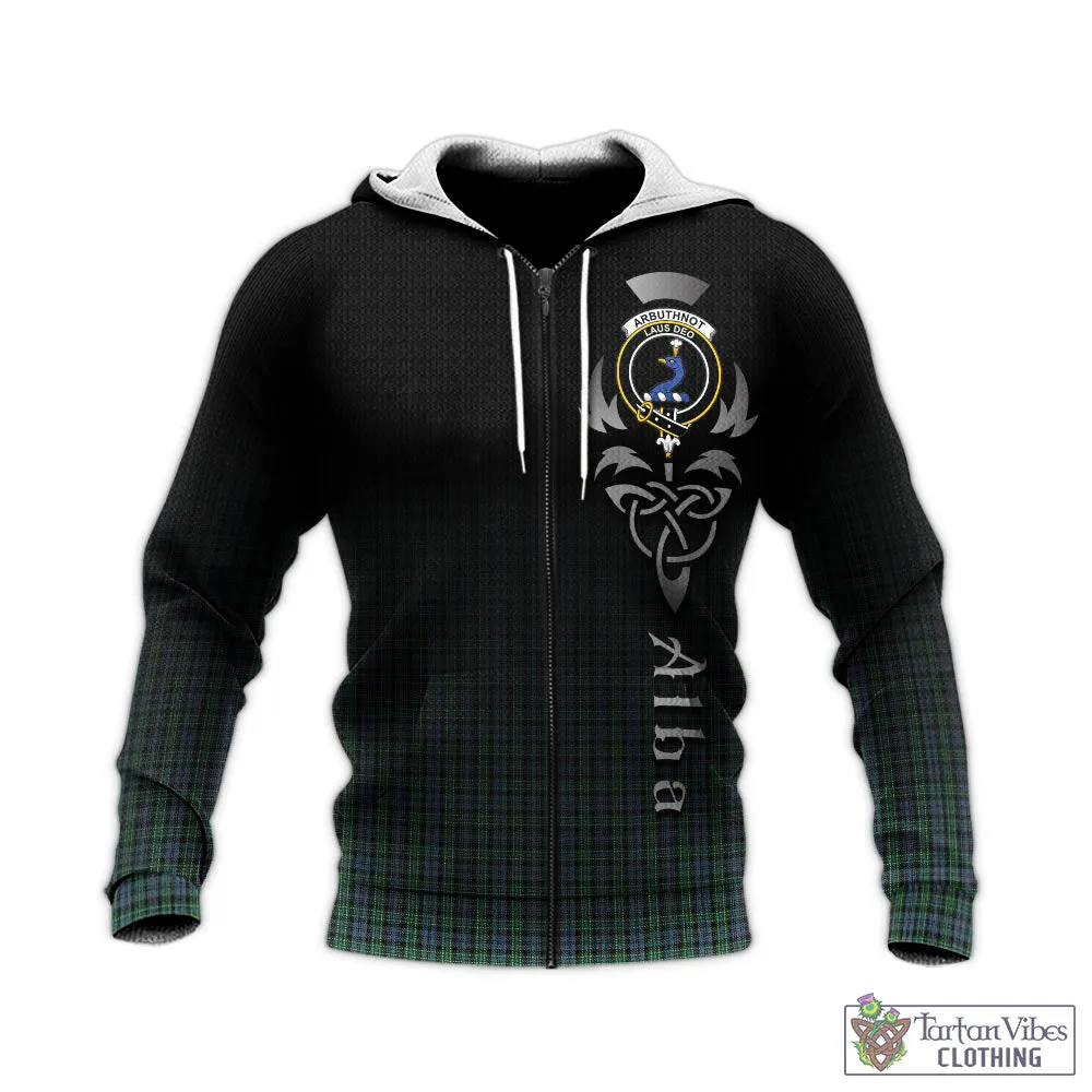 Arbuthnot Tartan Knitted Hoodie Featuring Alba Gu Brath Family Crest Celtic Inspired