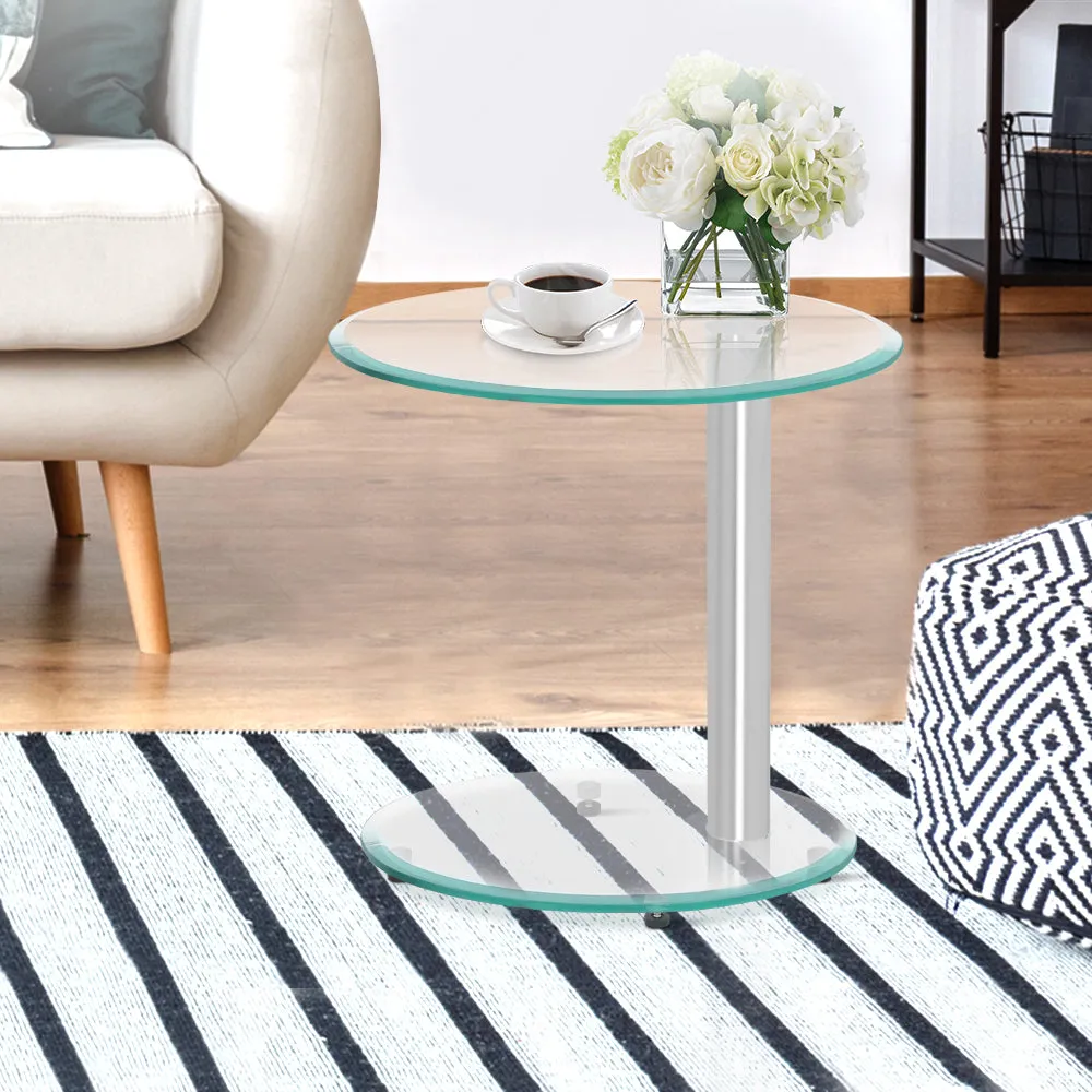 Artiss Side Coffee Table Bedside Furniture Oval Tempered Glass Top 2 Tier