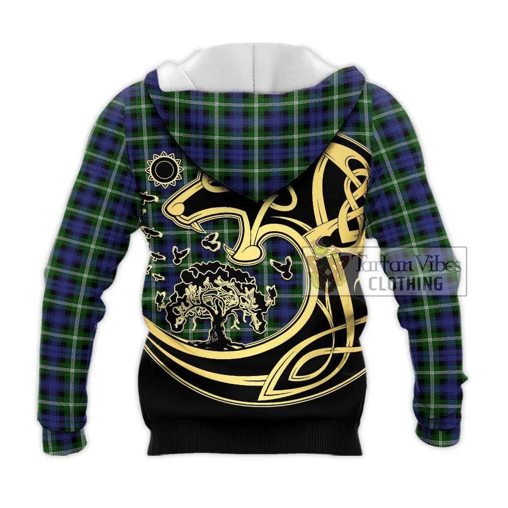 Baillie of Polkemmet Tartan Knitted Hoodie with Family Crest Celtic Wolf Style