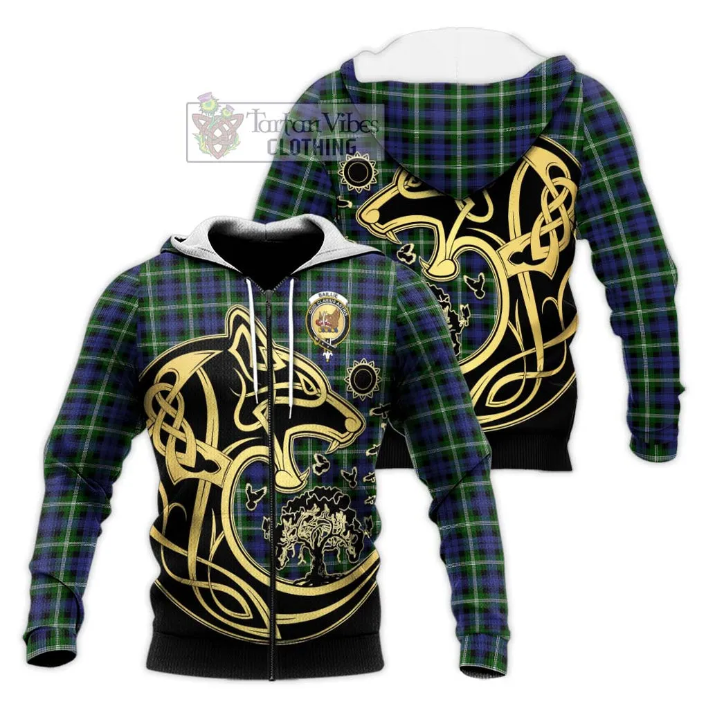 Baillie of Polkemmet Tartan Knitted Hoodie with Family Crest Celtic Wolf Style