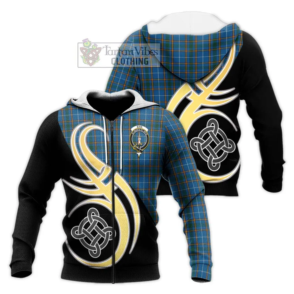 Bain Tartan Knitted Hoodie with Family Crest and Celtic Symbol Style