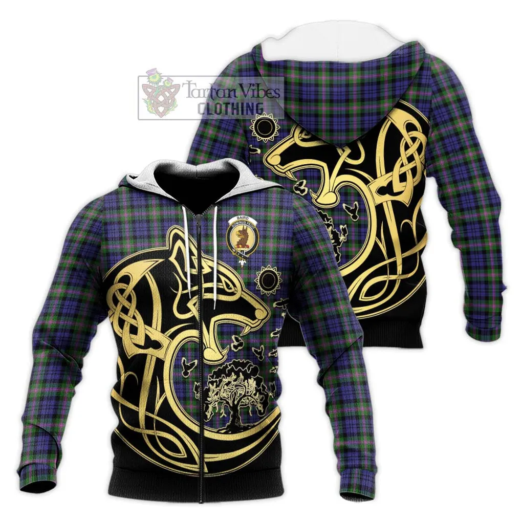 Baird Modern Tartan Knitted Hoodie with Family Crest Celtic Wolf Style