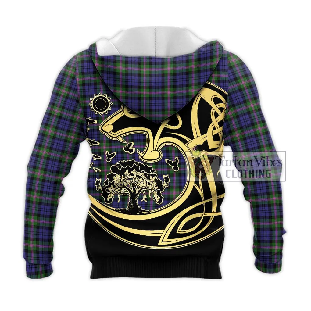 Baird Modern Tartan Knitted Hoodie with Family Crest Celtic Wolf Style