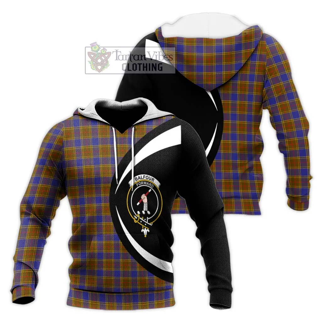 Balfour Tartan Knitted Hoodie with Family Crest Circle Style