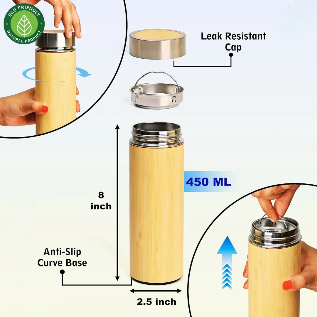 Bamboo Insulated Stainless Steel Water Bottle Flask, For Home & Office