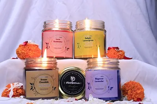 Be Fashionholic Scented Soy Wax Candle 4X300gms Each, 75 Hrs | Aromatherapy Candle for Home Decor and Gift Set | Handcrafted, Smoke-Free, 100% Soy Wax (Lavender, Lemongrass, Rose and Chocolate)