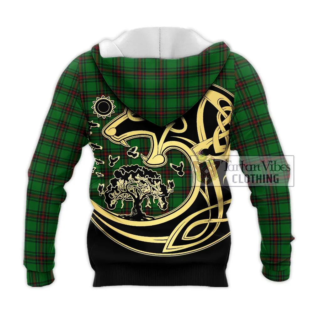 Beveridge Tartan Knitted Hoodie with Family Crest Celtic Wolf Style