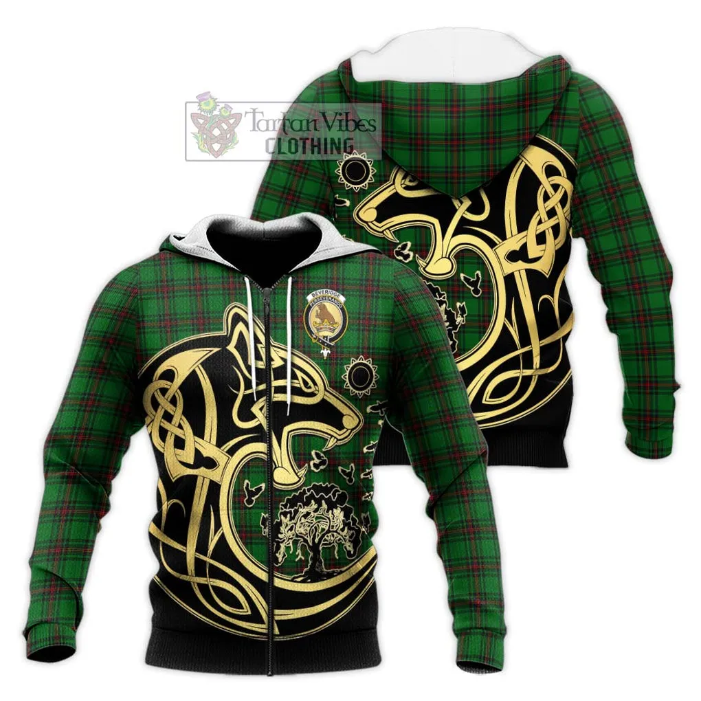 Beveridge Tartan Knitted Hoodie with Family Crest Celtic Wolf Style