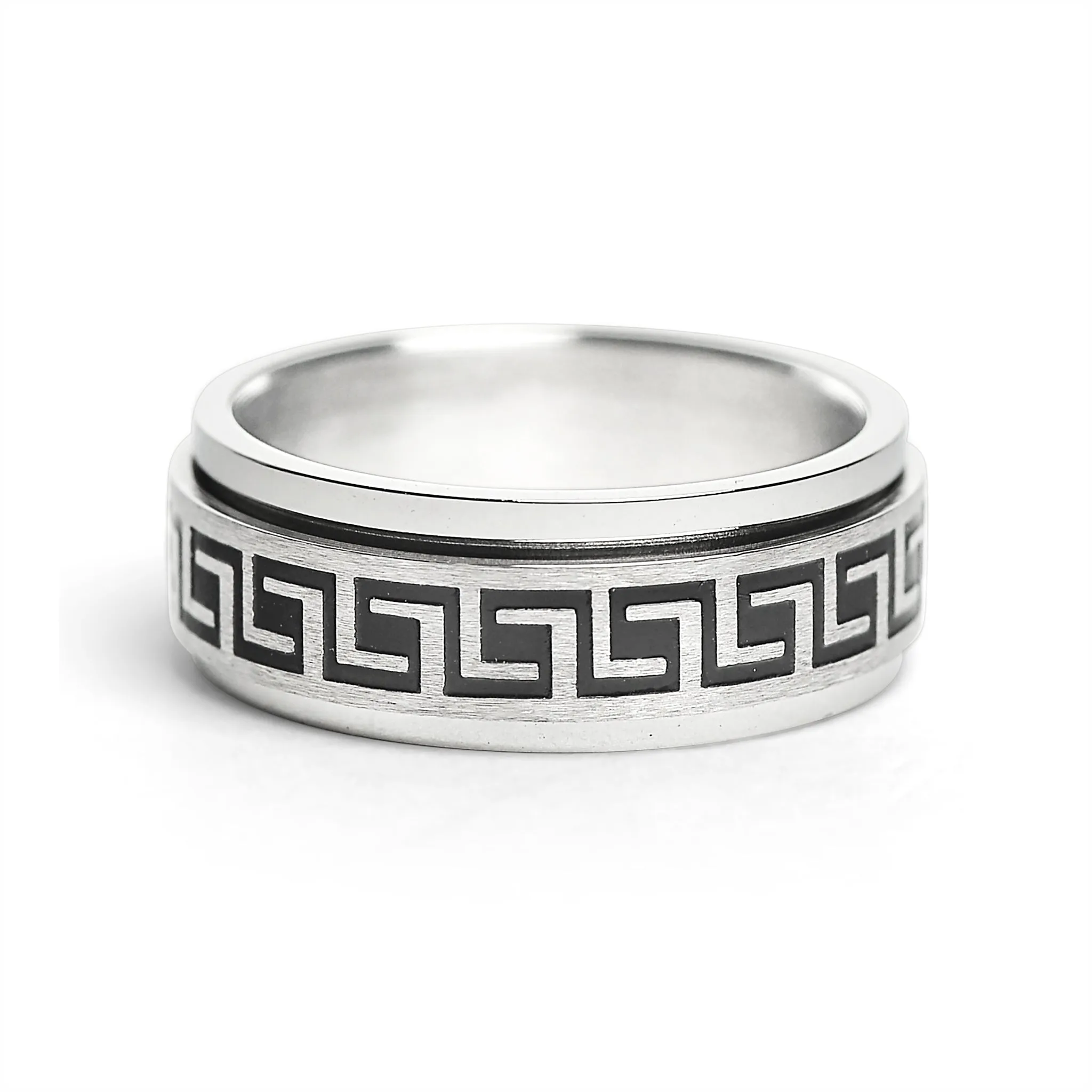 Black Greek Key Spinner Center Polished Stainless Steel Ring / SRJ2056