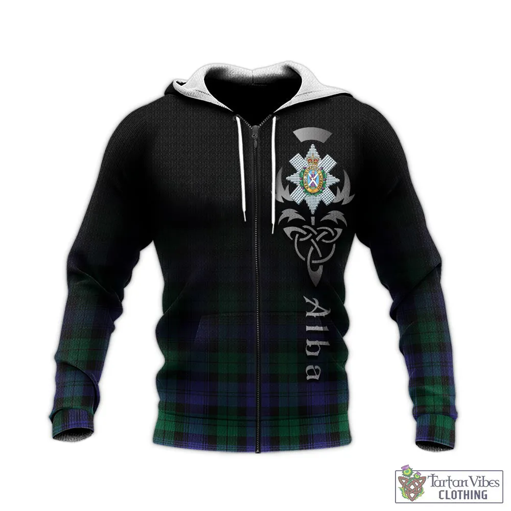 Black Watch Modern Tartan Knitted Hoodie Featuring Alba Gu Brath Family Crest Celtic Inspired