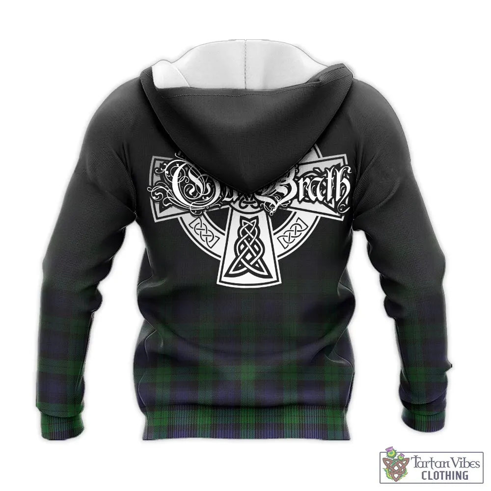 Black Watch Tartan Knitted Hoodie Featuring Alba Gu Brath Family Crest Celtic Inspired