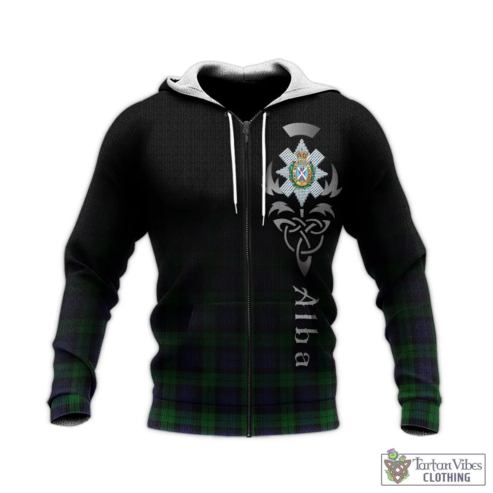 Black Watch Tartan Knitted Hoodie Featuring Alba Gu Brath Family Crest Celtic Inspired