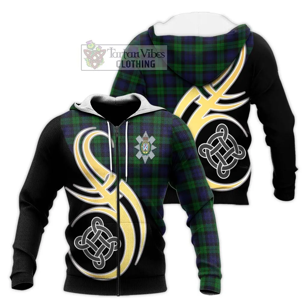 Black Watch Tartan Knitted Hoodie with Family Crest and Celtic Symbol Style