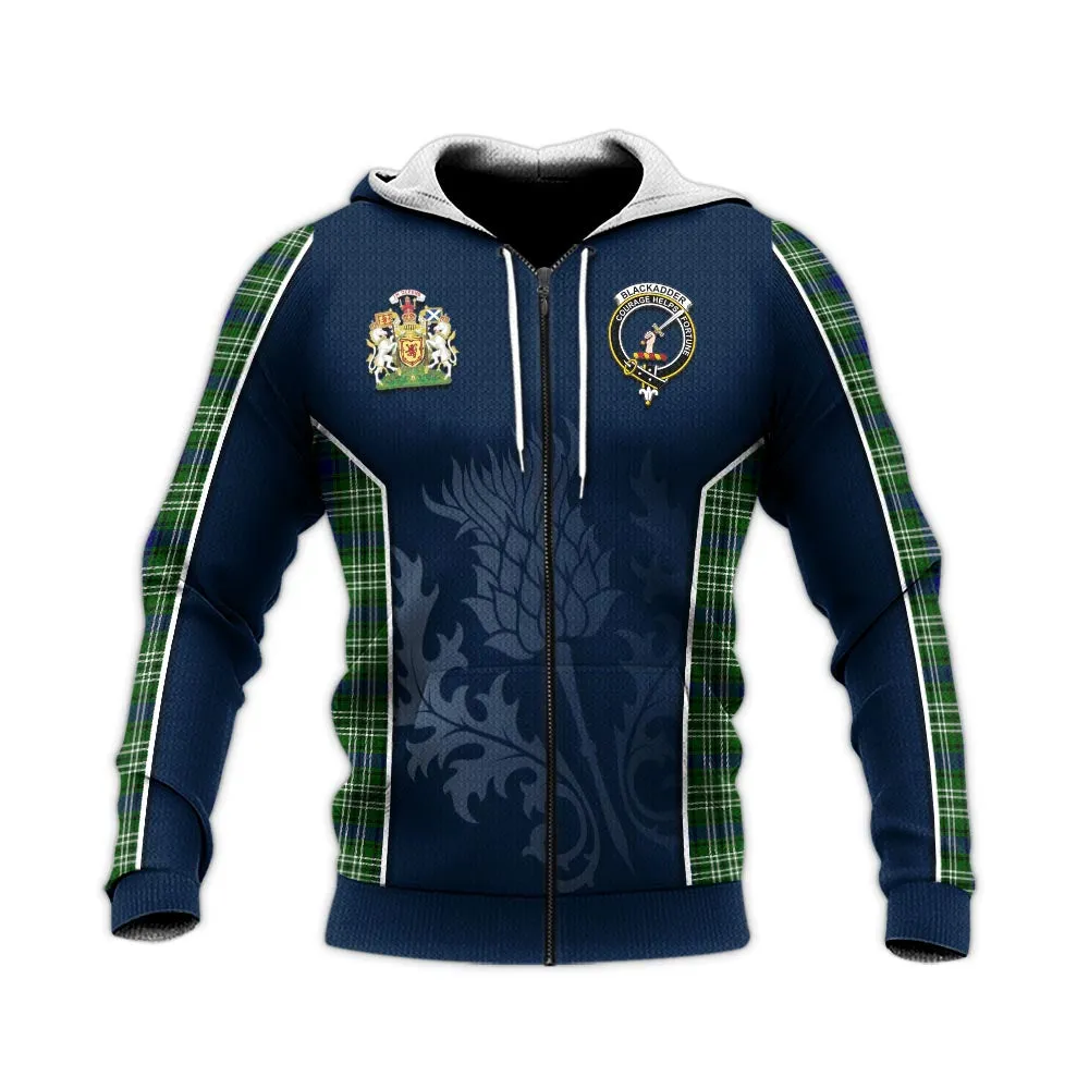 Blackadder Tartan Knitted Hoodie with Family Crest and Scottish Thistle Vibes Sport Style