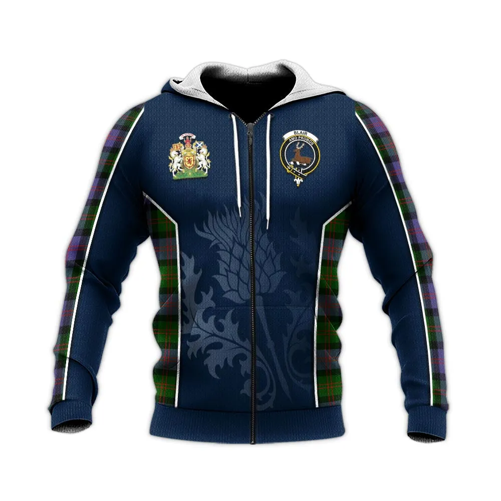 Blair Modern Tartan Knitted Hoodie with Family Crest and Scottish Thistle Vibes Sport Style