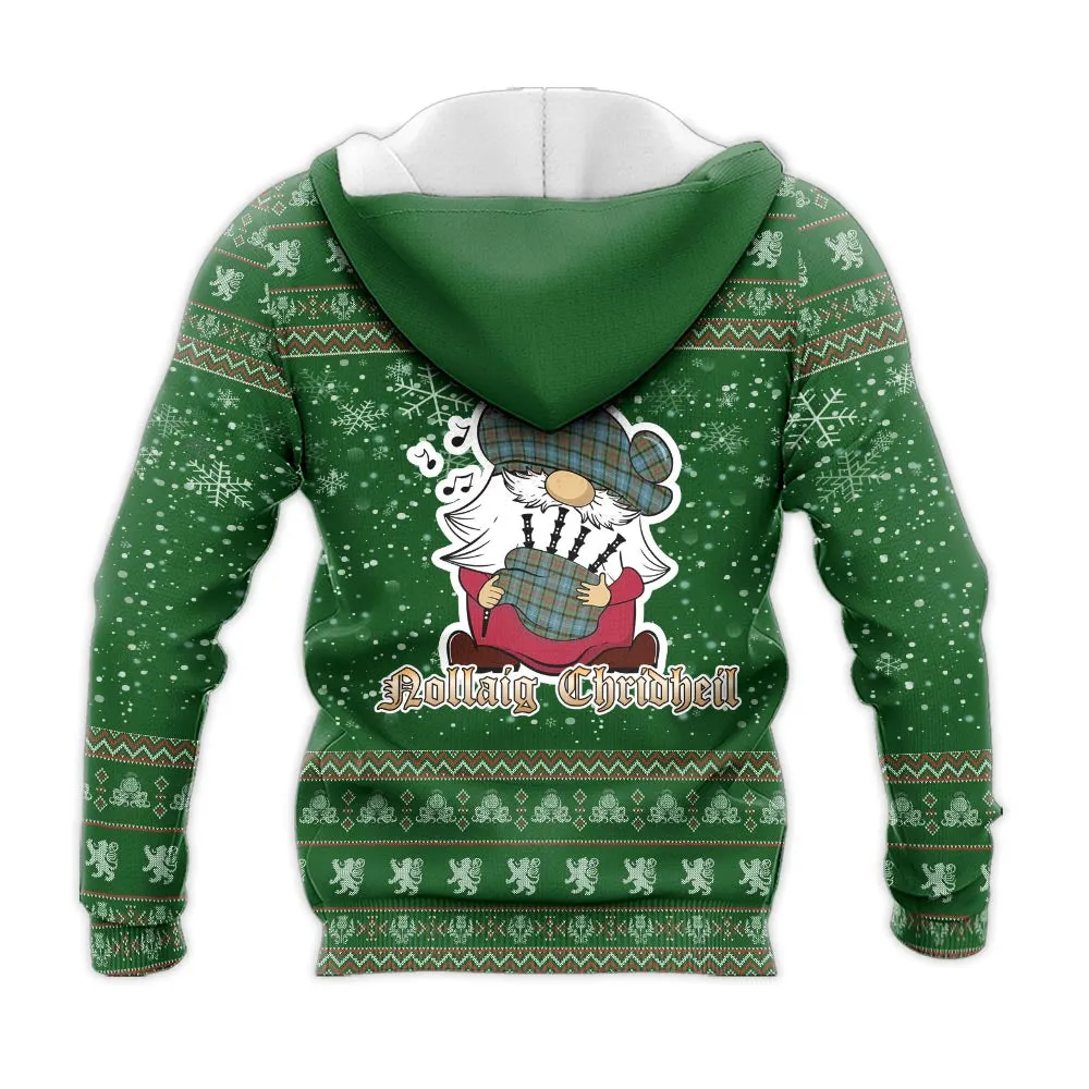 Brisbane Clan Christmas Knitted Hoodie with Funny Gnome Playing Bagpipes