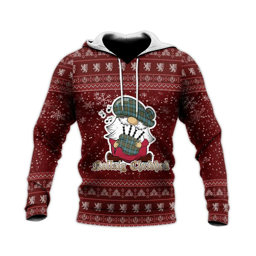 Brisbane Clan Christmas Knitted Hoodie with Funny Gnome Playing Bagpipes