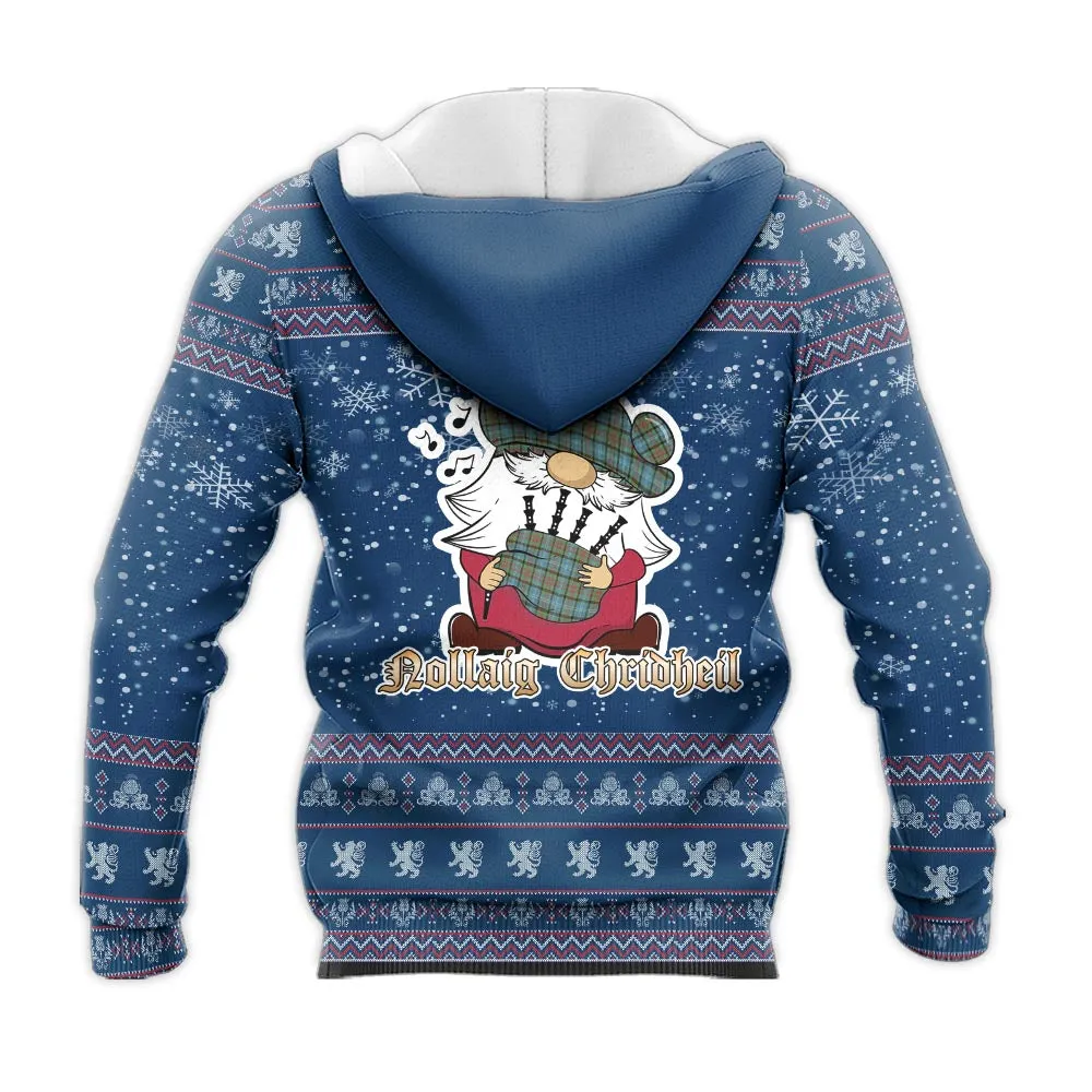 Brisbane Clan Christmas Knitted Hoodie with Funny Gnome Playing Bagpipes