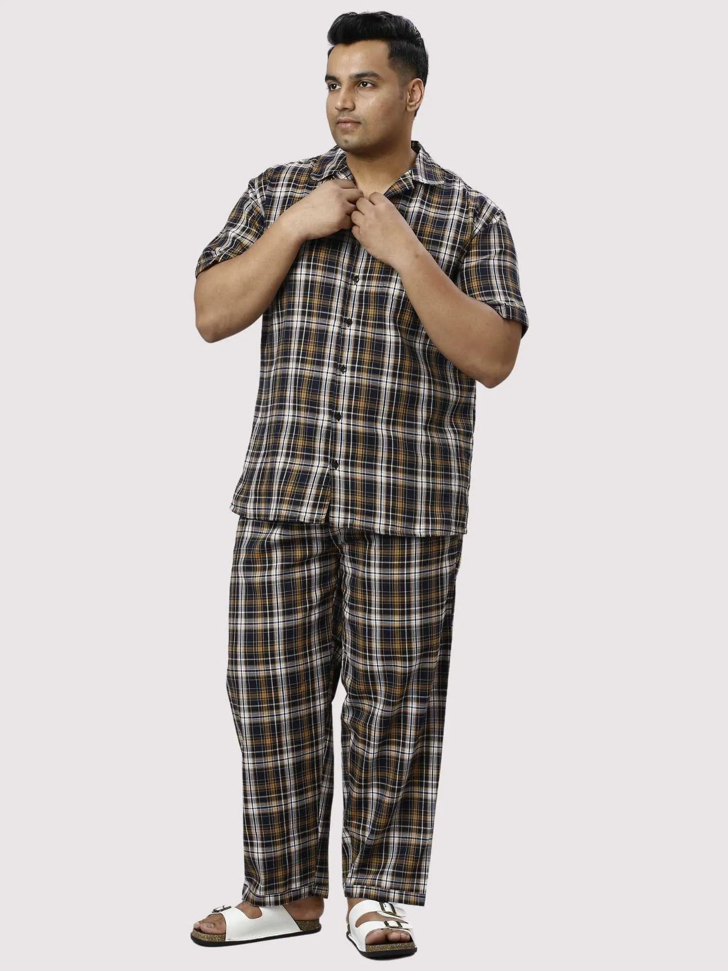 Brown Derby Checks Printed Full Co-ords Set Men's Plus Size