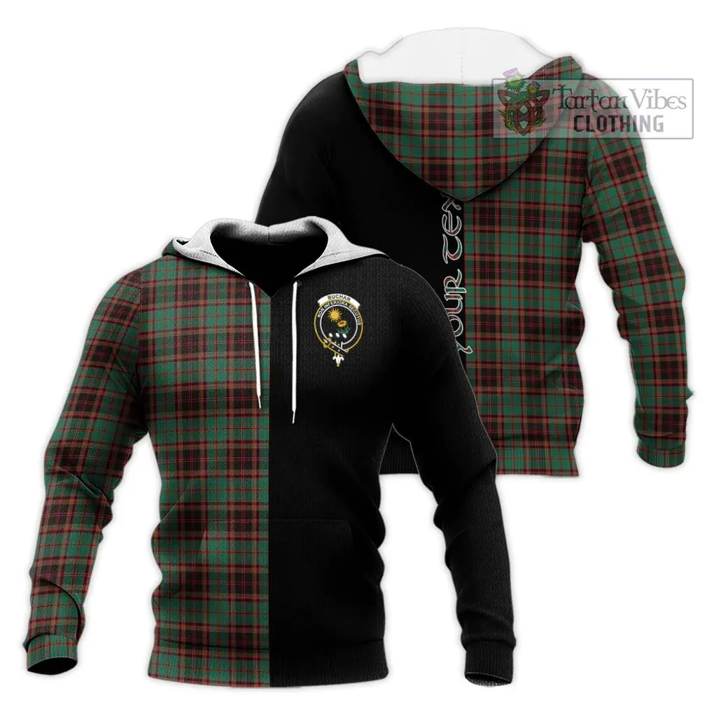 Buchan Ancient Tartan Knitted Hoodie with Family Crest and Half Of Me Style