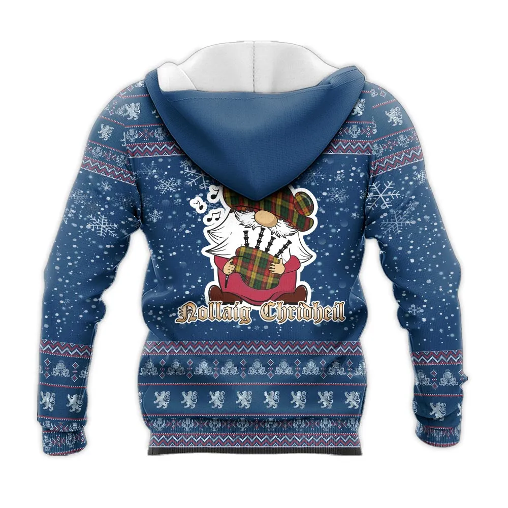 Buchanan Clan Christmas Knitted Hoodie with Funny Gnome Playing Bagpipes