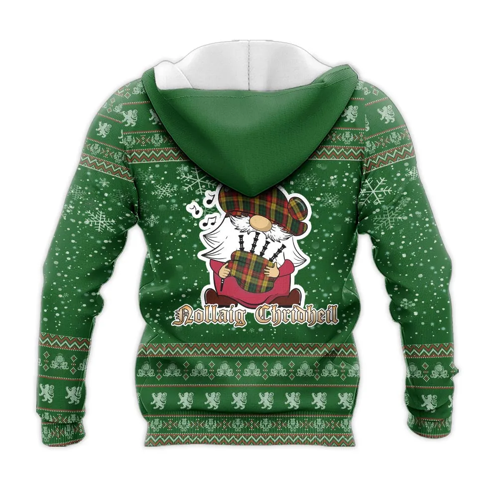 Buchanan Clan Christmas Knitted Hoodie with Funny Gnome Playing Bagpipes