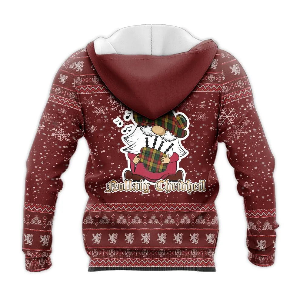 Buchanan Clan Christmas Knitted Hoodie with Funny Gnome Playing Bagpipes