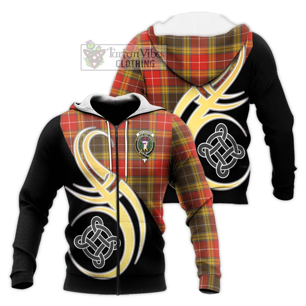 Buchanan Old Set Weathered Tartan Knitted Hoodie with Family Crest and Celtic Symbol Style