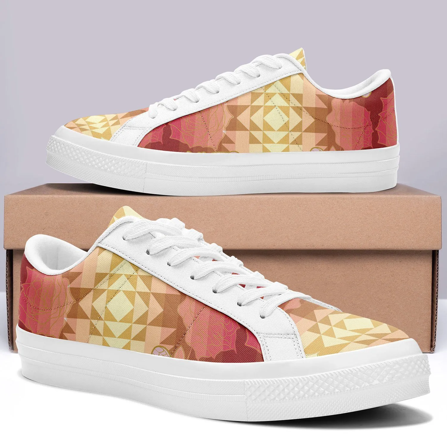 Butterfly and Roses on Geometric Aapisi Low Top Canvas Shoes White Sole