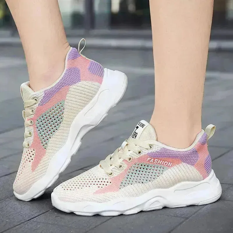 Casual Colorblock Lace-up Sneakers Girls Versatile Breathable Lightweight Walking Running Shoes