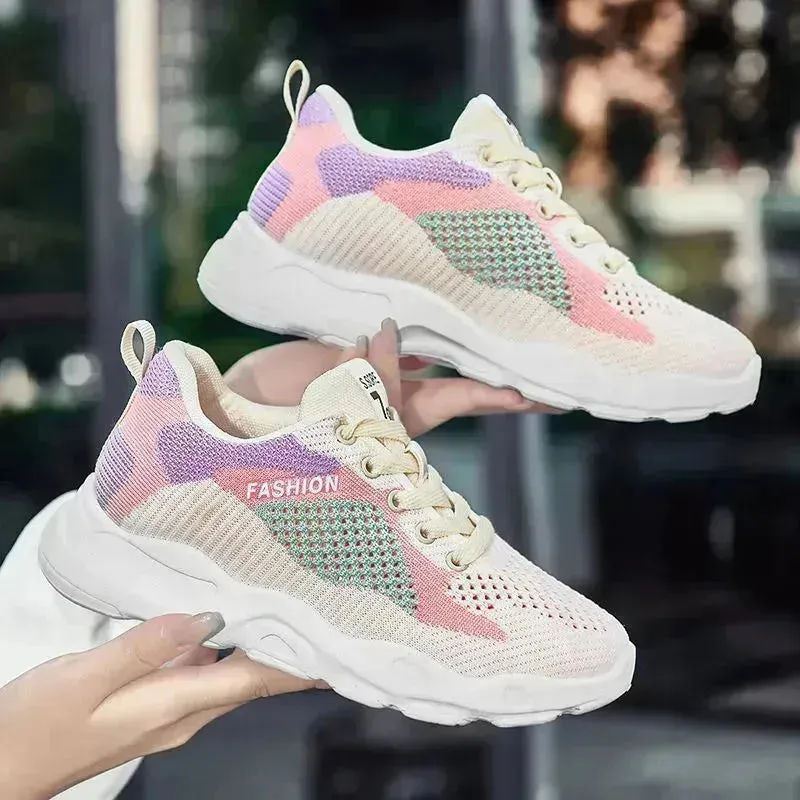 Casual Colorblock Lace-up Sneakers Girls Versatile Breathable Lightweight Walking Running Shoes