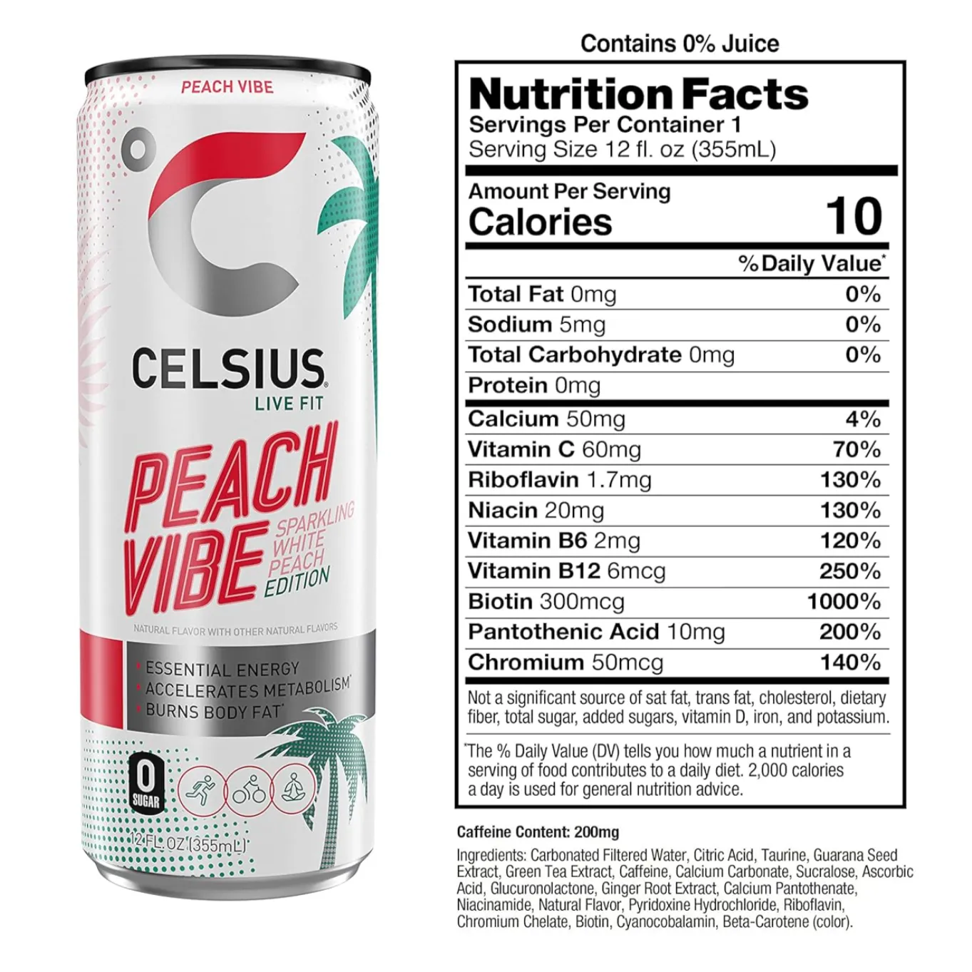 Celsius Sparkling Peach Vibe, Energy Energy Drink, 12oz, 4 Count