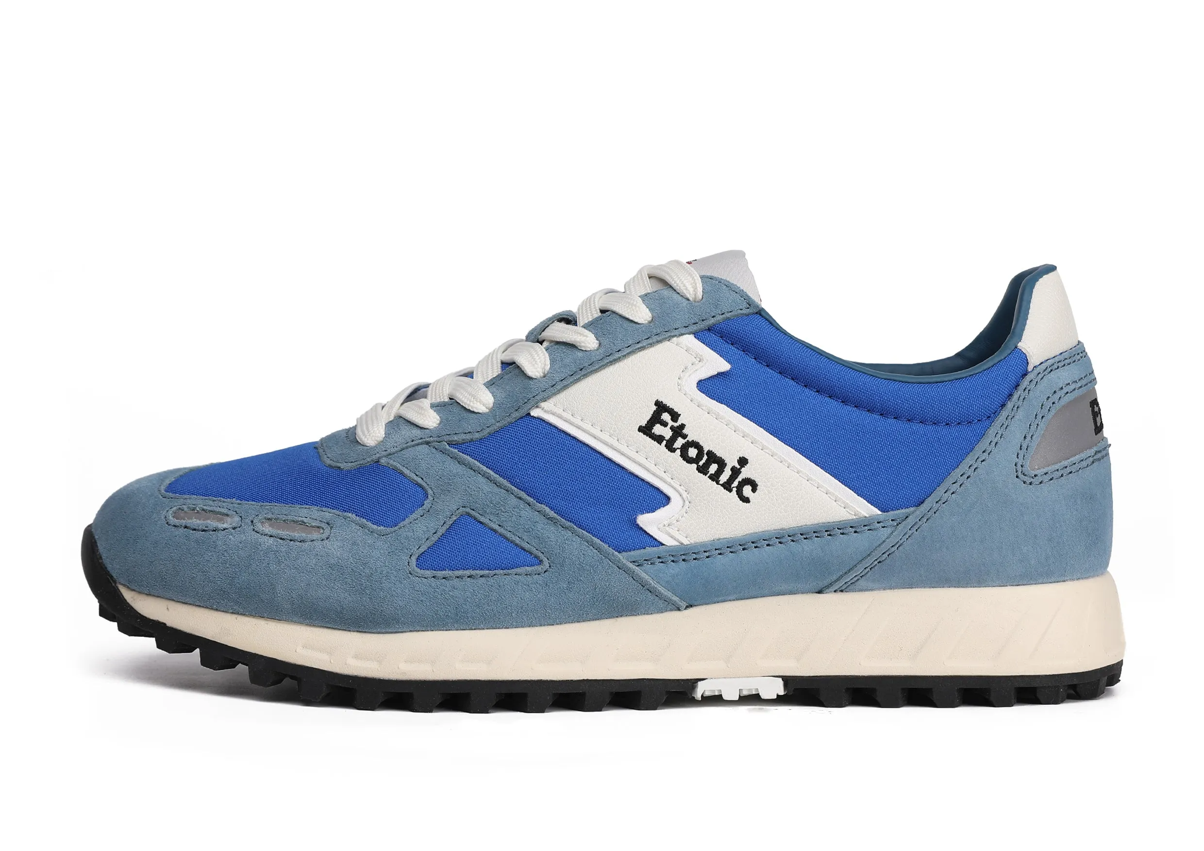 Etonic PR538 runners in teal blue suede, electric blue nylon and black details.