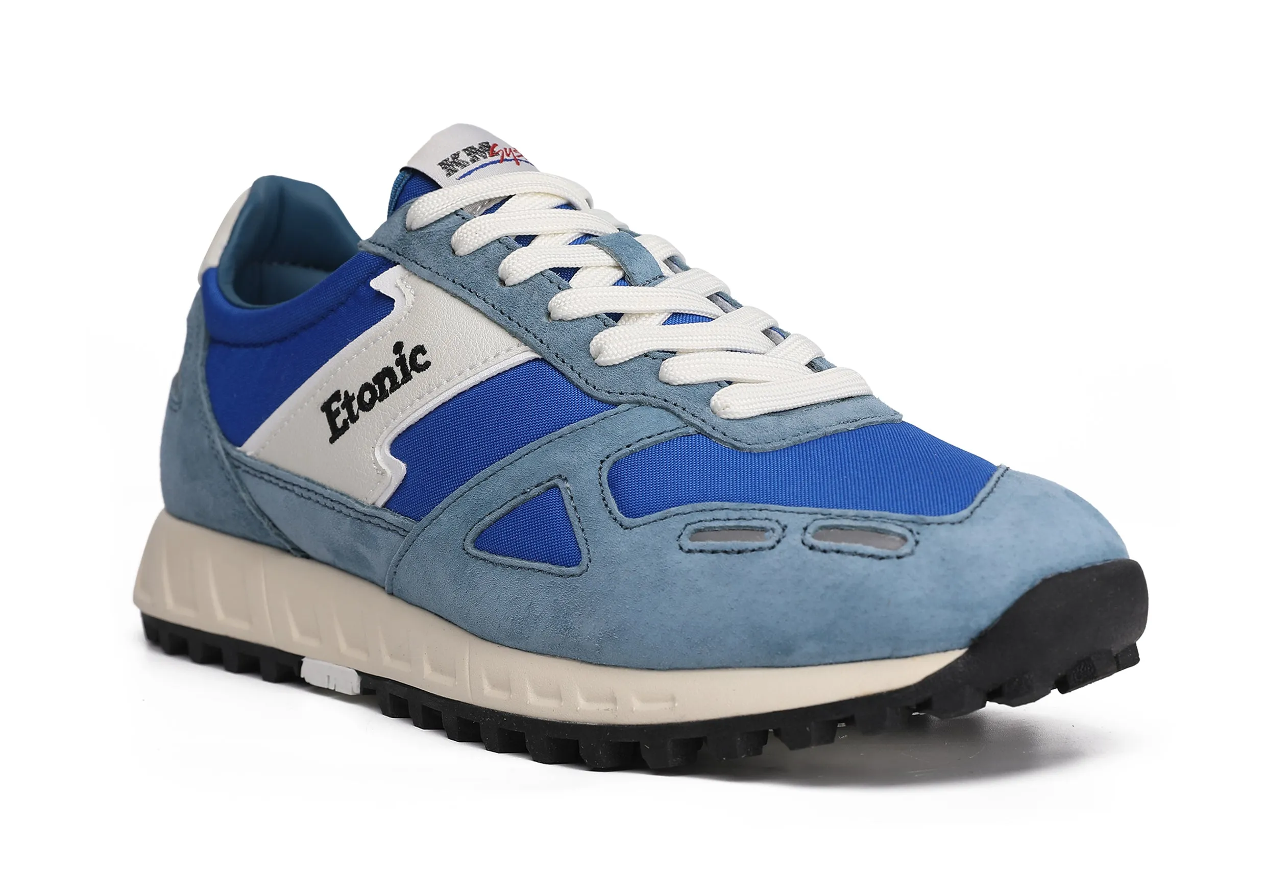 Etonic PR538 runners in teal blue suede, electric blue nylon and black details.