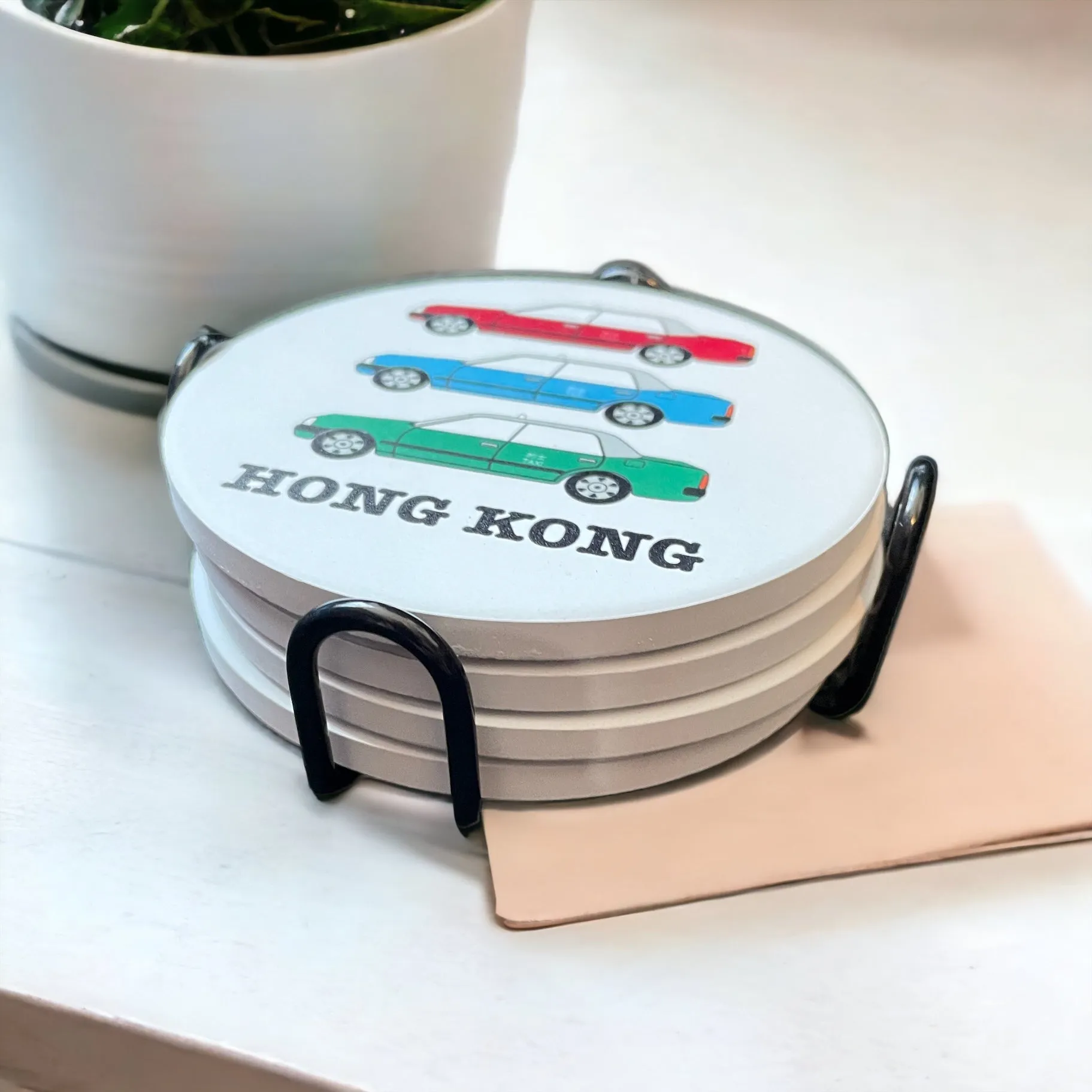 HK Transport Ceramic Coaster Set of 4 with Metal Holder by Liz Fry Design