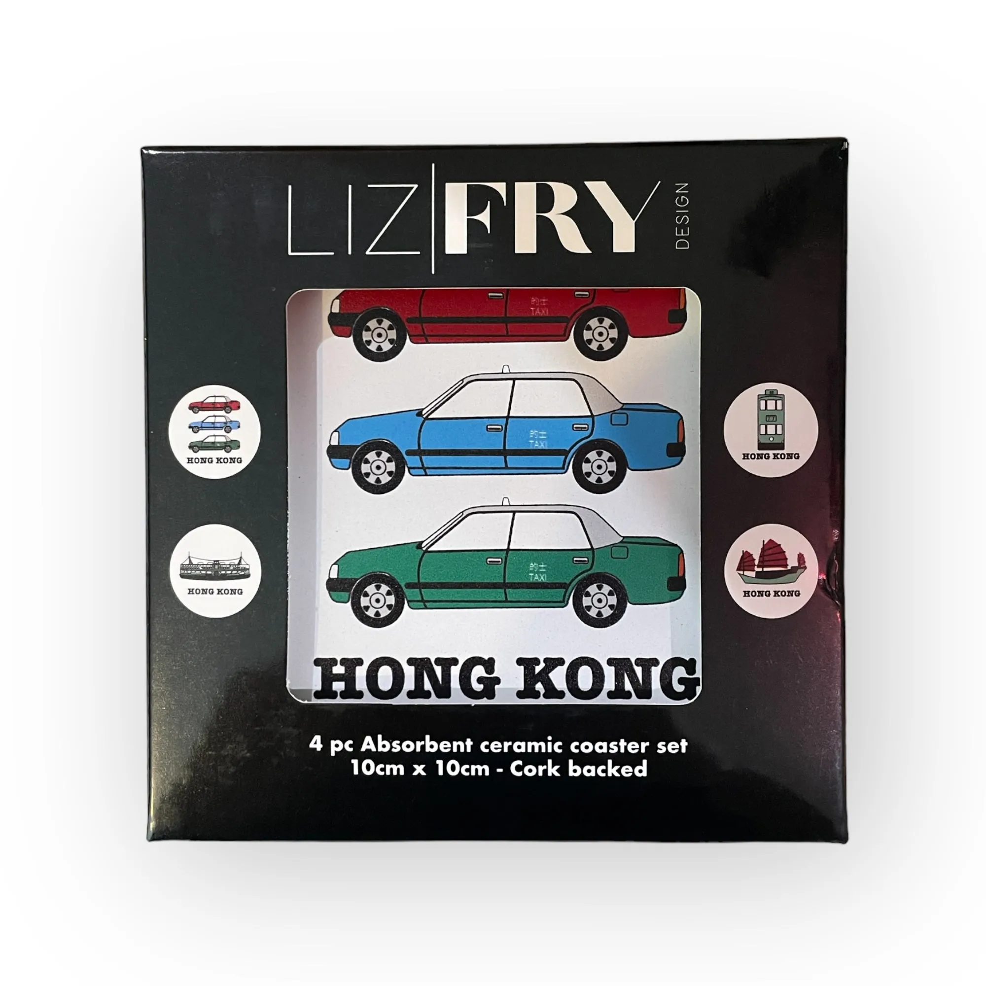 HK Transport Ceramic Coaster Set of 4 with Metal Holder by Liz Fry Design