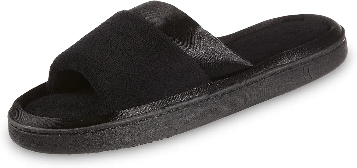 isotoner Women's Soft Microterry Slide Slippers with Satin Trim and Comfort Footbed