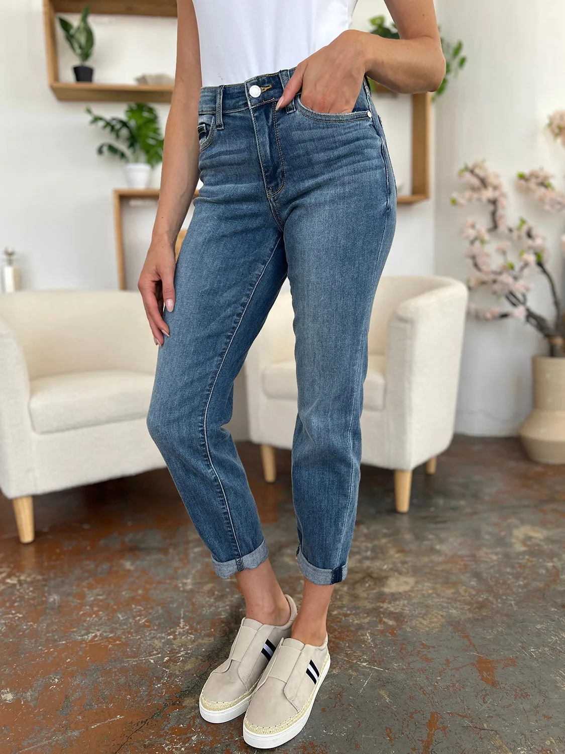 Judy Blue Cuffed Hem Low Waist Slim Jeans [Online Exclusive]