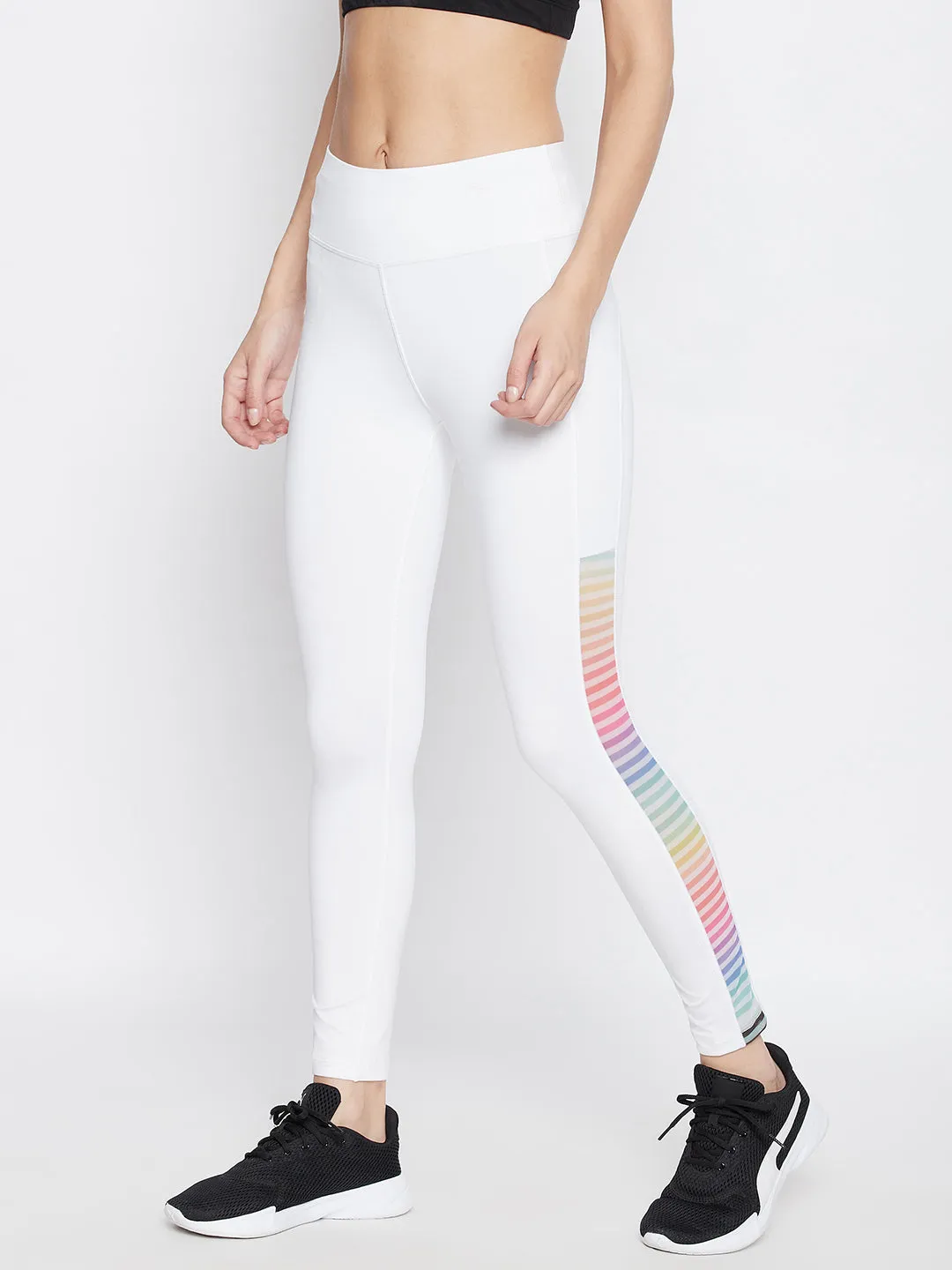 JUMP USA Women Solid White with printed side panel Activewear Gym Tights