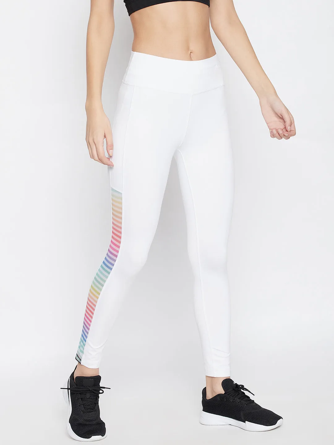 JUMP USA Women Solid White with printed side panel Activewear Gym Tights