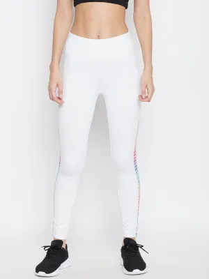 JUMP USA Women Solid White with printed side panel Activewear Gym Tights