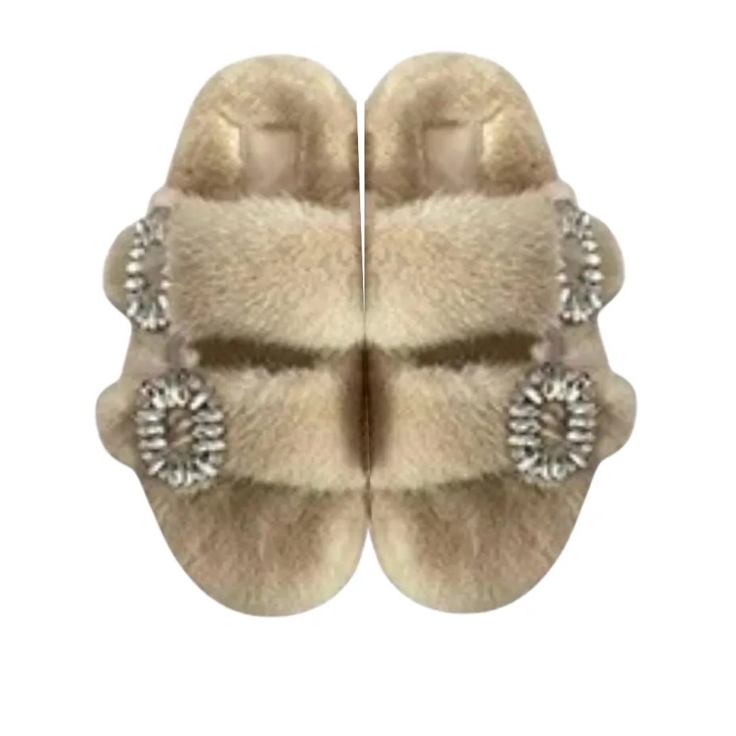 Luxe Mink Slide Sandals with Crystal Buckle - Cream