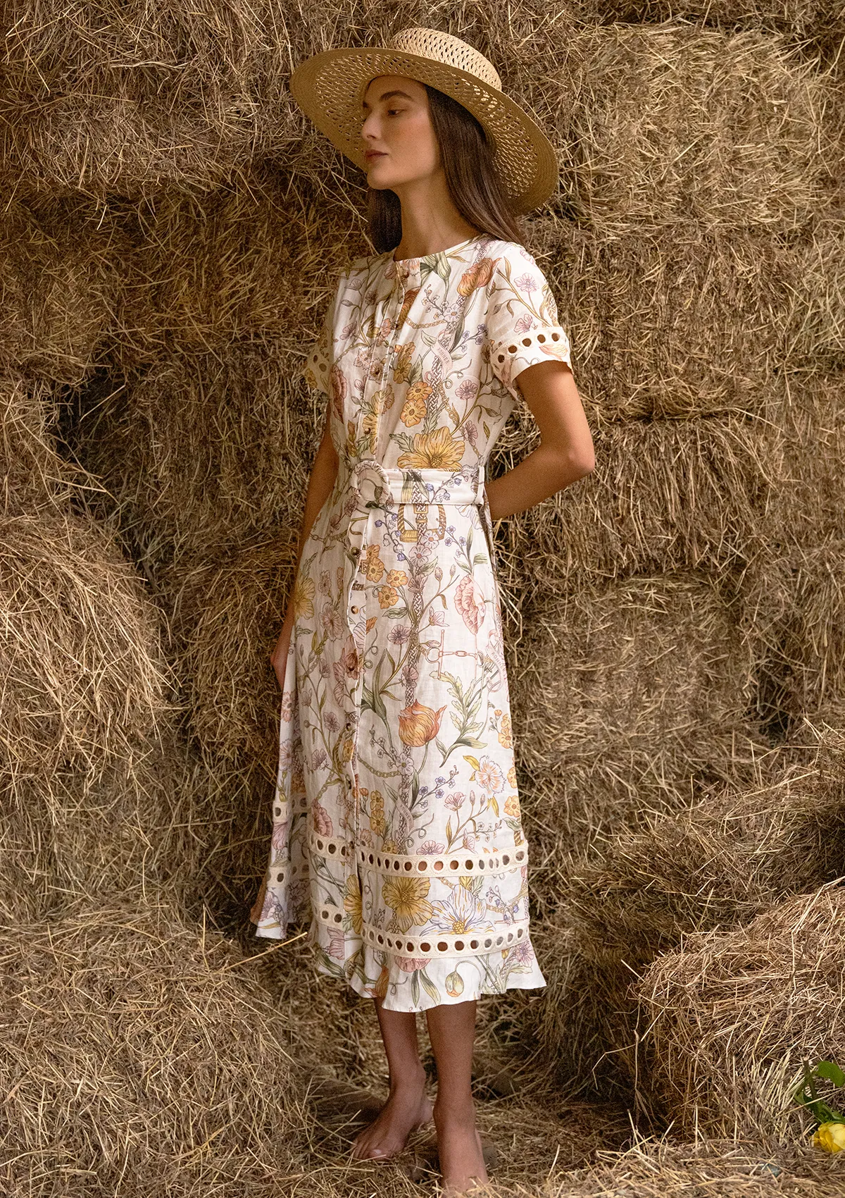 Marigold Linen Dress | Botany Print Cream